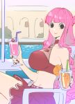  1girl black_eyes blunt_bangs chair crossed_legs cup halterneck holding holding_cup long_hair looking_at_viewer one_piece orange_juice perona pink_hair pool profile raine_(acke2445) red_nails sitting smile solo swimsuit table 