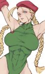  1girl abs beret blonde_hair blue_eyes breasts cammy_white hat leotard looking_at_viewer muscular muscular_female scar scar_on_cheek scar_on_face street_fighter twintails yasunososaku 
