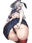  1girl absurdres ass back black_panties blue_eyes blue_sailor_collar blue_skirt breasts commentary_request cosplay elbow_gloves gloves grey_hair highleg highleg_panties highres kantai_collection kashima_(kancolle) large_breasts looking_at_viewer looking_back medium_hair panties partially_visible_vulva pleated_skirt sailor_collar shimakaze_(kancolle) shimakaze_(kancolle)_(cosplay) shirt simple_background skirt solo standing striped striped_thighhighs thighhighs thighs torisan twintails underwear white_background white_gloves white_shirt 
