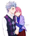  1boy 1girl argyle argyle_sweater_vest blue_sweater blush closed_eyes collared_shirt dated grey_hair holding_another&#039;s_arm krudears long_sleeves medium_hair pink_hair plaid plaid_skirt protagonist_(tokimemo_gs3) red_eyes red_skirt shirt shitara_seiji short_hair skirt smile sweater sweater_vest tokimeki_memorial tokimeki_memorial_girl&#039;s_side_3rd_story turtleneck turtleneck_sweater twitter_username upper_body white_background white_shirt 