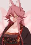 1girl alternate_costume animal_ear_fluff animal_ears breasts cleavage evil_smile eyelashes fate/grand_order fate_(series) fox_ears half-closed_eyes highres japanese_clothes kimono koyanskaya_(fate) large_breasts long_hair looking_to_the_side moyashi_(momoyashi_321) pink_hair smile solo tamamo_(fate) upper_body very_long_hair 