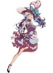  1girl blue_dress blue_eyes blue_footwear blue_hair detached_sleeves dress full_body hat high_heels long_hair magicami non-web_source official_art okada_marianne open_mouth photoshop_(medium) rectangular_eyewear simple_background solo strappy_heels twintails white_background 