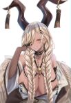  1girl absurdres artist_name azur_lane black_choker black_gloves blonde_hair breasts choker cowboy_shot dark-skinned_female dark_skin earrings fishnet_sleeves gloves hair_over_one_eye half_gloves highres huge_breasts huge_horns jewelry long_sleeves looking_at_viewer owari_(azur_lane) panvyru sagging_breasts simple_background smile solo white_background wide_sleeves yellow_eyes 