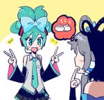  2girls :3 aqua_eyes aqua_hair aqua_necktie baozi bare_shoulders black_skirt black_sleeves blue_bow blush_stickers bow chinese_commentary cinnamiku collared_shirt commentary_request detached_sleeves double_bun double_v drooling dumpling folded_twintails food grey_hair grey_shirt hair_between_eyes hair_bow hair_bun hair_rings hatsune_miku imagining luo_tianyi milifeimili miniskirt mouth_drool multiple_girls necktie number_tattoo off_shoulder open_mouth pleated_skirt self_borrowed_hairstyle shirt short_hair sidelocks skirt sleeveless smile spoken_food tattoo thought_bubble updo v vocaloid vsinger 
