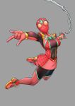  1girl animal_print bodysuit breasts chest_jewel core_crystal_(xenoblade) cosplay covered_navel gold_trim grey_background jewelry marvel mask pantyhose pyra_(xenoblade) red_bodysuit red_footwear red_skirt signature silk skirt solo spider-man spider-man_(cosplay) spider-man_(series) spider_print spider_web spider_web_print superhero swinging thighhighs thighhighs_over_pantyhose thighs xenoblade_chronicles_(series) xenoblade_chronicles_2 you_nf 