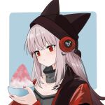  1girl animal_ears arknights beanie black_headwear blue_background border bowl ears_through_headwear food fox_ears fox_girl frostleaf_(arknights) grey_hair grey_shirt hat headphones highres holding holding_bowl implied_extra_ears jacket long_hair open_clothes open_jacket oripathy_lesion_(arknights) outside_border portrait red_eyes red_jacket red_nails shaved_ice shirt simple_background solo waichi white_border 