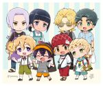  6+boys :d aged_down apron bag beanie black_hair blonde_hair blue_eyes blue_hair blush braid bruno_bucciarati closed_eyes coco_jumbo commentary_request dio_brando family father_and_son giorno_giovanna green_eyes guido_mista hand_in_pocket hat holding holding_bag hood hoodie implied_yaoi jojo_no_kimyou_na_bouken jonathan_joestar leone_abbacchio long_hair looking_at_another male_focus morino_peko multiple_boys narancia_ghirga pannacotta_fugo pants purple_eyes sandals shirt shoes short_hair short_sleeves shorts smile stuffed_animal stuffed_lion stuffed_toy sunglasses vento_aureo 