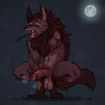  2023 anthro balls bodily_fluids canid canine digital_media_(artwork) dripping erection eyes_closed fangs fur genital_fluids genitals hi_res juantriforce male mammal moon nude open_mouth precum precum_drip quentin_(juantriforce) solo teeth tongue were werecanid werecanine werewolf yawn 