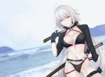  1girl absurdres ahoge bikini black_bikini black_jacket breasts cleavage cropped_jacket fate/grand_order fate_(series) gloves highres jacket jeanne_d&#039;arc_alter_(fate) jeanne_d&#039;arc_alter_(swimsuit_berserker)_(fate) katana large_breasts long_hair long_sleeves looking_at_viewer navel quatthro shrug_(clothing) smile solo swimsuit sword thighs weapon yellow_eyes 