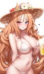  1girl absurdres animal_ears archetto_(arknights) arknights beer_mug bikini blue_eyes blush breasts brown_hair brown_headwear cleavage cowboy_shot cross cross_necklace cup ears_through_headwear eyewear_removed hat heart heterochromia highres jewelry large_breasts lilac_(k32420276) long_hair looking_at_viewer mug navel necklace red_eyes simple_background skindentation smile solo sunglasses swimsuit white_background white_bikini 