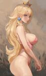  1girl bare_shoulders blonde_hair blue_eyes blush bra breasts cinderone closed_mouth commentary crown earrings from_side highres jewelry lace-trimmed_bra lace_trim large_breasts lingerie long_hair looking_at_viewer looking_to_the_side mario_(series) panties pink_bra pink_panties princess_peach sideboob solo standing symbol-only_commentary underwear underwear_only wavy_hair 