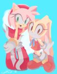  2023 amy_rose anthro biped blue_background boots brown_eyes clothed clothing cream_the_rabbit duo eulipotyphlan eyelashes female footwear front_view full-length_portrait fur gloves green_eyes handwear hedgehog hi_res lagomorph leporid long_ears looking_at_viewer mammal nuinu_17 pink_body pink_fur portrait rabbit sega signature simple_background smile sonic_the_hedgehog_(series) standing tan_body tan_fur young 