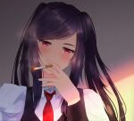  1girl blush cigarette collared_shirt holding holding_cigarette jill_stingray long_hair long_sleeves looking_at_viewer necktie red_eyes red_necktie shirt smoking solo suulore upper_body va-11_hall-a 