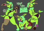  anthro bra clothing eeveelution english_text female fur generation_1_pokemon glowing green_body green_fur guncht jolteon male_(lore) model_sheet nintendo nipples pokemon pokemon_(species) pronouns smile solo text underwear 