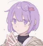  1girl :&lt; a.i._voice black_undershirt brown_cardigan cardigan closed_mouth colored_eyelashes commentary hair_ornament hairclip hands_up highres interlocked_fingers light_blush looking_at_viewer no_pupils own_hands_together portrait purple_eyes purple_hair raised_eyebrows sasamino_tataki short_hair simple_background sleeves_past_wrists solo twitter_username voiceroid watermark white_background yuzuki_yukari yuzuki_yukari_(shizuku) 