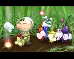  1boy alien arms_up big_nose black_eyes blue_pikmin blue_skin blush brown_hair bud buttons campfire closed_eyes closed_mouth colored_skin commentary_request flower food gloves grass helmet holding holding_food holding_stick leaf looking_at_another marshmallow olimar patch pikmin_(creature) pikmin_(series) plump pointy_ears pointy_nose purple_hair purple_pikmin purple_skin radio_antenna red_eyes red_gloves red_pikmin red_skin roasted_marshmallow rouko605 short_hair sitting smile space_helmet spacesuit stick triangle_mouth very_short_hair white_flower white_pikmin white_skin yellow_pikmin yellow_skin 