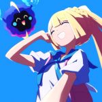  1girl ^_^ backpack bag blonde_hair blue_background blush closed_eyes cosmog grin highres lillie_(pokemon) long_hair pokemon pokemon_(creature) pokemon_(game) pokemon_sm ponytail short_sleeves sidelocks simple_background smile upper_body yachima_tana 