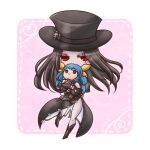  1other belt black_hair blue_hair boots chibi dizzy_(guilty_gear) doll_hug guilty_gear guilty_gear_strive happy hat highres long_hair multiple_belts object_hug red_eyes sangorou skirt stuffed_toy testament_(guilty_gear) top_hat 