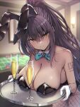  1girl alcohol animal_ears black_hair black_leotard blue_archive blurry blurry_background blush bow bowtie breast_rest breasts champagne_flute cleavage closed_mouth cup dark-skinned_female dark_skin detached_collar drinking_glass fake_animal_ears fishnet_pantyhose fishnets gloves gradient_hair hair_between_eyes highres holding holding_tray indoors karin_(blue_archive) karin_(bunny)_(blue_archive) large_breasts leotard long_hair looking_at_viewer multicolored_hair orange_eyes pantyhose playboy_bunny ponytail rabbit_ears ryuinu strapless strapless_leotard sweat tray very_long_hair white_gloves 