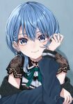  1girl artist_name blue_eyes blue_hair closed_mouth dress earrings hair_between_eyes hand_in_own_hair hand_on_own_cheek hand_on_own_face highres hololive hoshimachi_suisei jacket jewelry looking_at_viewer medium_hair off_shoulder short_sleeves simple_background smile solo star_(symbol) star_in_eye symbol_in_eye usagi_koushaku virtual_youtuber 