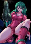  1girl abs arm_cannon breasts cleavage collarbone covered_abs covered_navel green_eyes green_hair hair_between_eyes highres justin_bailey leotard long_hair long_sleeves looking_at_viewer metroid mole mole_under_mouth navel on_one_knee open_mouth red_footwear red_leotard samus_aran sidelocks signature solo space wakaba_(wata_ridley) weapon 