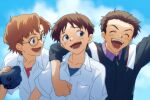  3boys aida_kensuke blue_eyes blue_sky blush brown_hair closed_eyes cloud cloudy_sky friends glasses happy highres ikari_shinji kura_rart multiple_boys neon_genesis_evangelion open_mouth school_uniform sky suzuhara_touji teeth tokyo-3_middle_school_uniform video_camera 