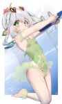  1girl alternate_costume bare_arms bare_legs barefoot breasts covered_navel cross-shaped_pupils feet female_child flower genshin_impact gradient_hair green_eyes green_hair green_one-piece_swimsuit grey_hair hair_flower hair_ornament highres keyfanjun looking_at_viewer multicolored_hair nahida_(genshin_impact) one-piece_swimsuit pointy_ears pool side_ponytail small_breasts solo swimming swimsuit symbol-shaped_pupils 