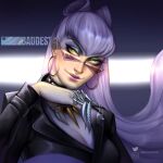  1girl asymmetrical_bangs black_choker black_suit blue_eyeshadow breasts center_opening choker claw_(weapon) cleavage cone_hair_bun demon demon_girl dog_tags earrings evelynn_(league_of_legends) eyeshadow formal hair_bun hoop_earrings instagram_username jewelry k/da_(league_of_legends) league_of_legends long_hair looking_at_viewer makeup necklace purple-tinted_eyewear purple_lips rimless_eyewear slit_pupils solo suit the_baddest_evelynn tinted_eyewear tooth_necklace twitter_username upper_body very_long_hair weapon white_hair wingsoflion yellow_eyes 