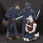  2023 5_fingers 5_toes anthro armor arrested barefoot black_nose brown_body brown_fur canid canine canis claws clothed clothing feet fingers fur gladius grey_body grey_fur group headgear helmet humanoid_feet humanoid_hands kneeling male mammal melee_weapon plantigrade remus_(sampsonwoof) sampsonwoof security signature standing story story_in_description sword teeth toe_claws toes tongue trio weapon white_body white_fur wolf 