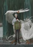  2boys bag bird_boy bird_tail bird_wings black_eyes black_pants brown_footwear centauroid claws feathered_wings full_body green_sweater grey_hair grey_wings hair_between_eyes hand_on_another&#039;s_arm ishikirimaru japanese_clothes kyou_zuki long_hair long_sleeves looking_at_viewer male_focus monster_boy monsterification multiple_boys no_entry_sign outdoors pants rain road_sign shoulder_bag sign standing sweater tail taur touken_ranbu tree tsurumaru_kuninaga turtleneck turtleneck_sweater wing_umbrella wings yellow_eyes 