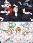  6+boys :d ahoge alhaitham_(genshin_impact) antenna_hair arataki_itto baizhu_(genshin_impact) black_shirt black_vs_white blonde_hair blue_eyes blue_hair bodypaint brown_eyes brown_hair buttons collarbone collared_shirt colored_inner_hair commentary_request crossed_bangs dark-skinned_male dark_skin diluc_(genshin_impact) earrings eyepatch eyes_visible_through_hair facepaint genshin_impact glasses green_eyes green_hair grey_hair hair_between_eyes hair_down hair_intakes hair_ornament hair_over_one_eye hair_stick hand_up highres horns jewelry kaeya_(genshin_impact) kamisato_ayato kaveh_(genshin_impact) long_hair long_sleeves looking_at_viewer lying male_focus mole mole_under_mouth multicolored_hair multiple_boys on_back one_eye_covered oni_horns open_clothes open_collar open_mouth orange_hair parted_bangs parted_lips pectoral_cleavage pectorals puddle purple_eyes red_eyes red_hair red_horns rnknmrm semi-rimless_eyewear shirt short_hair single_earring sleeves_rolled_up smile smirk streaked_hair stud_earrings swept_bangs tartaglia_(genshin_impact) teeth thick_eyebrows thoma_(genshin_impact) tile_floor tiles under-rim_eyewear upper_teeth_only water wet wet_clothes wet_shirt white_hair white_shirt zhongli_(genshin_impact) 