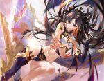  1girl armlet asymmetrical_legwear bikini black_hair black_ribbon chiaspicy closed_mouth commentary detached_collar detached_sleeves earrings fate/grand_order fate_(series) floating floating_hair gold_trim hair_ribbon heavenly_boat_maanna highres hoop_earrings ishtar_(fate) jewelry long_hair looking_at_viewer mismatched_bikini mixed-language_commentary navel parted_bangs red_eyes ribbon single_sleeve single_thighhigh smile solo stomach swimsuit thighhighs tiara two_side_up weapon 