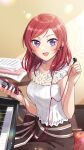  1girl absurdres blush breasts brown_skirt cellphone commentary_request earbuds earphones highres holding holding_phone instrument looking_at_viewer love_live! love_live!_school_idol_project medium_breasts medium_hair nishikino_maki phone piano purple_eyes red_hair shirt sitting skirt sleeveless sleeveless_shirt smartphone solo wedo white_shirt 