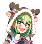  1girl :d animal_hood blush bow bow_earrings brown_capelet capelet ceres_fauna ceres_fauna_(jirai_kei) clenched_hand commentary ddolbang deer_hood earrings english_commentary fur-trimmed_capelet fur-trimmed_hood fur_trim green_hair highres hololive hololive_english hood hood_up hooded_capelet jewelry long_hair long_sleeves looking_at_viewer mole mole_under_eye multicolored_hair official_alternate_costume open_mouth shirt simple_background smile solo streaked_hair upper_body virtual_youtuber white_background white_shirt yellow_eyes 