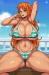  1girl absurdres ass ass_visible_through_thighs bikini blue_sky breasts cleft_of_venus curvy green_bikini highres huge_breasts jmg long_hair looking_at_viewer nami_(one_piece) navel one_piece open_mouth shiny_skin shoulder_tattoo sitting sky solo swimsuit tan tattoo thong thong_bikini wide_hips 