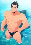  1boy abs bara black_hair black_male_swimwear closed_mouth darius_(league_of_legends) hand_on_own_hip large_pectorals league_of_legends looking_at_viewer male_focus male_swimwear muscular muscular_male navel nipples pectorals scar scar_across_eye scar_on_face short_hair solo sudo_(sudo_kurokawa) thighs water 