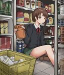  1girl absurdres asymmetrical_hair brown_eyes brown_hair closed_mouth cup_ramen green_skirt hair_ornament hairclip highres iwakura_lain looking_at_viewer miniskirt on_floor serial_experiments_lain short_hair single_sidelock sitting skirt solo user_djkd2852 x_hair_ornament 