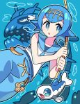  1girl :o air_bubble bare_arms blue_eyes blue_hair blue_pants blue_sailor_collar bright_pupils bubble commentary_request fishing_rod hairband highres holding holding_fishing_rod lana_(pokemon) no_sclera one-piece_swimsuit pants parted_lips pokemon pokemon_(creature) pokemon_(game) pokemon_sm sailor_collar shirt short_hair sleeveless sleeveless_shirt sutokame swimsuit swimsuit_under_clothes white_pupils white_shirt wishiwashi wishiwashi_(school) wishiwashi_(solo) yellow_hairband 