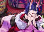  1girl bare_shoulders black_thighhighs bob_cut bow breasts eyeliner fate/grand_order fate_(series) glasses hat headpiece highres horns japanese_clothes kimono long_sleeves looking_at_viewer makeup mini_hat obi off_shoulder oni oni_horns open_mouth pink_headwear pink_kimono pointy_ears purple_eyes purple_hair red_bow san_(harutuki_3) sash short_hair shuten_douji_(dress_for_demons)_(fate) shuten_douji_(fate) skin-covered_horns small_breasts solo thighhighs wide_sleeves 