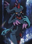  4_hands ancient_pokemon anthro big_breasts breasts dark_body detailed_background female flutter_mane generation_2_pokemon generation_9_pokemon hand_on_breast hi_res horn jewelry misdreavus multi_hand multiple_hands necklace nintendo notyoursagittarius paradox_pokemon pokemon pokemon_(species) solo 