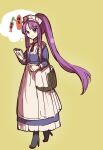  1other alternate_costume alternate_hairstyle androgynous anmita_(rarutos) apron basket black_footwear blue_dress clause closed_mouth commentary_request dress full_body haniwa_(statue) high_heels highres holding holding_notepad len&#039;en long_dress long_hair long_sleeves notepad other_focus ponytail purple_eyes purple_hair simple_background sketch solo thought_bubble waist_apron walking white_apron yellow_background 