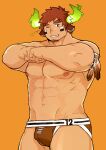  1boy abs american_football animal_ears bara brown_hair brown_male_underwear bulge clenched_hands cow_boy cow_ears cowboy_shot dark-skinned_male dark_skin eye_black facial_hair feather_necklace fiery_horns fist_bump forked_eyebrows glowing_horns goatee haishiba_ame highres horns jewelry jockstrap large_pectorals looking_at_viewer male_focus male_underwear muscular muscular_male navel necklace nipples one_eye_closed own_hands_together pectorals plump redrawn short_hair sideburns solo stomach strongman_waist stubble thick_eyebrows thick_thighs thighs tokyo_afterschool_summoners topless_male underwear underwear_only wakan_tanka wakan_tanka_(fashionista_swimsuit) wink_star 