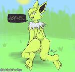  5_toes absurd_res anthro anus barefoot breasts butt dialogue digital_media_(artwork) eeveelution english_text feet female foot_fetish foot_focus fur generation_1_pokemon genitals hair hi_res humanoid_feet jolteon looking_at_viewer mammal nintendo nipples notsafeforvee nude open_mouth plantigrade pokemon pokemon_(species) pussy shiny_pokemon soles solo tail talking_to_viewer text toes 