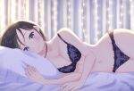  1girl artist_name bed bedroom black_hair blue_bra blue_eyes blue_panties bra breasts commentary curtains indoors lace-trimmed_bra lace_trim looking_at_viewer lying medium_breasts mole mole_under_eye navel on_bed on_side original osumi_izumi panties pillow print_bra short_hair signature solo string_lights underwear underwear_only 