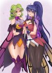 2girls :d absurdres adapted_costume alternate_costume bare_shoulders black_pantyhose blue_eyes blue_hair blush boots braid breasts butterfly_wings cape circlet cleavage collarbone collared_leotard cowboy_shot dress empty_eyes fire_emblem fire_emblem:_the_sacred_stones fire_emblem_heroes flower gradient_clothes green_eyes green_hair hair_flower hair_ornament hazuki_(nyorosuke) highres holding_hands l&#039;arachel_(fire_emblem) l&#039;arachel_(resplendent)_(fire_emblem) large_breasts long_hair looking_at_viewer multiple_girls official_alternate_costume open_mouth pantyhose ponytail purple_thighhighs shaded_face short_dress showgirl_skirt simple_background sleeveless sleeveless_turtleneck_leotard smile standing tana_(fire_emblem) thigh_boots thighhighs thighs turtleneck twin_braids wings wrist_cuffs 