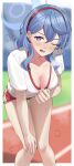  ;o absurdres ako_(blue_archive) alternate_costume blue_archive blue_eyes blue_hair breasts cleavage commentary english_commentary feet_out_of_frame gym_shirt haerge halo headband highres leaning_forward looking_at_viewer medium_breasts one_eye_closed outdoors red_headband red_shorts running_track shirt shirt_tug short_shorts shorts steaming_body sweatdrop thigh_gap 