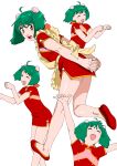  1girl ahoge apron bun_cover china_dress chinese_clothes closed_eyes cowboy_shot double_bun dress feet_out_of_frame frilled_apron frills full_body green_hair hair_bun highres macross macross_frontier multiple_views ojipon paw_pose ranka_lee red_dress red_eyes red_footwear short_dress short_hair simple_background smile white_background yellow_apron 