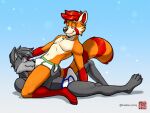  4:3 anthro blue_seam_briefs briefs bulge bulge_nuzzling clothing erection face_in_crotch fudatsu fur green_seam_briefs grey_body grey_fur hi_res lying male on_back orange_body orange_fur seb_the_red_panda simple_background smile sniffing solo sweaciabic tenting underwear white_briefs white_clothing white_underwear zach_the_wolf 