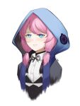  1girl absurdres arknights artist_name black_ribbon blue_jacket blue_poison_(arknights) blush bright_pupils eroborne highres hood hood_up hooded_jacket jacket long_hair low_twintails neck_ribbon open_clothes open_jacket parted_lips pink_hair ribbon shirt smile solo twintails upper_body white_shirt 