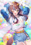  1girl animal_ears arms_up balloon bead_necklace beads belt bird blue_hair blue_shirt blurry blurry_background blurry_foreground breasts brown_hair cowboy_shot crop_top crop_top_overhang cutoffs daitaku_helios_(umamusume) denim denim_shorts ear_covers fang gogat8 green_eyes highres horse_ears horse_girl horse_tail jewelry long_hair looking_at_viewer multicolored_hair multicolored_nails navel necklace one_eye_closed open_mouth shirt shirt_under_shirt shorts skin_fang small_breasts smile solo tail twitter_username two-tone_hair umamusume white_shirt 